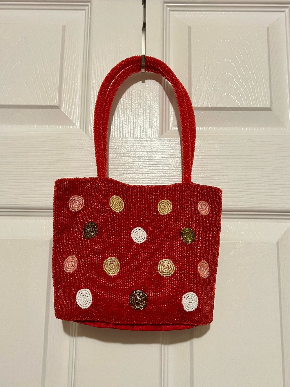 Red Beaded Polka Dot Tote Bag with Rolled Handles